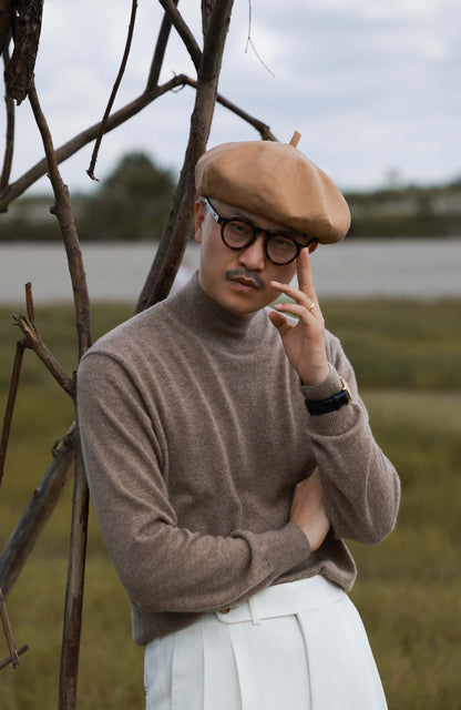Mock Neck Sweater with 100% Cashmere Goat Wool — Taupe