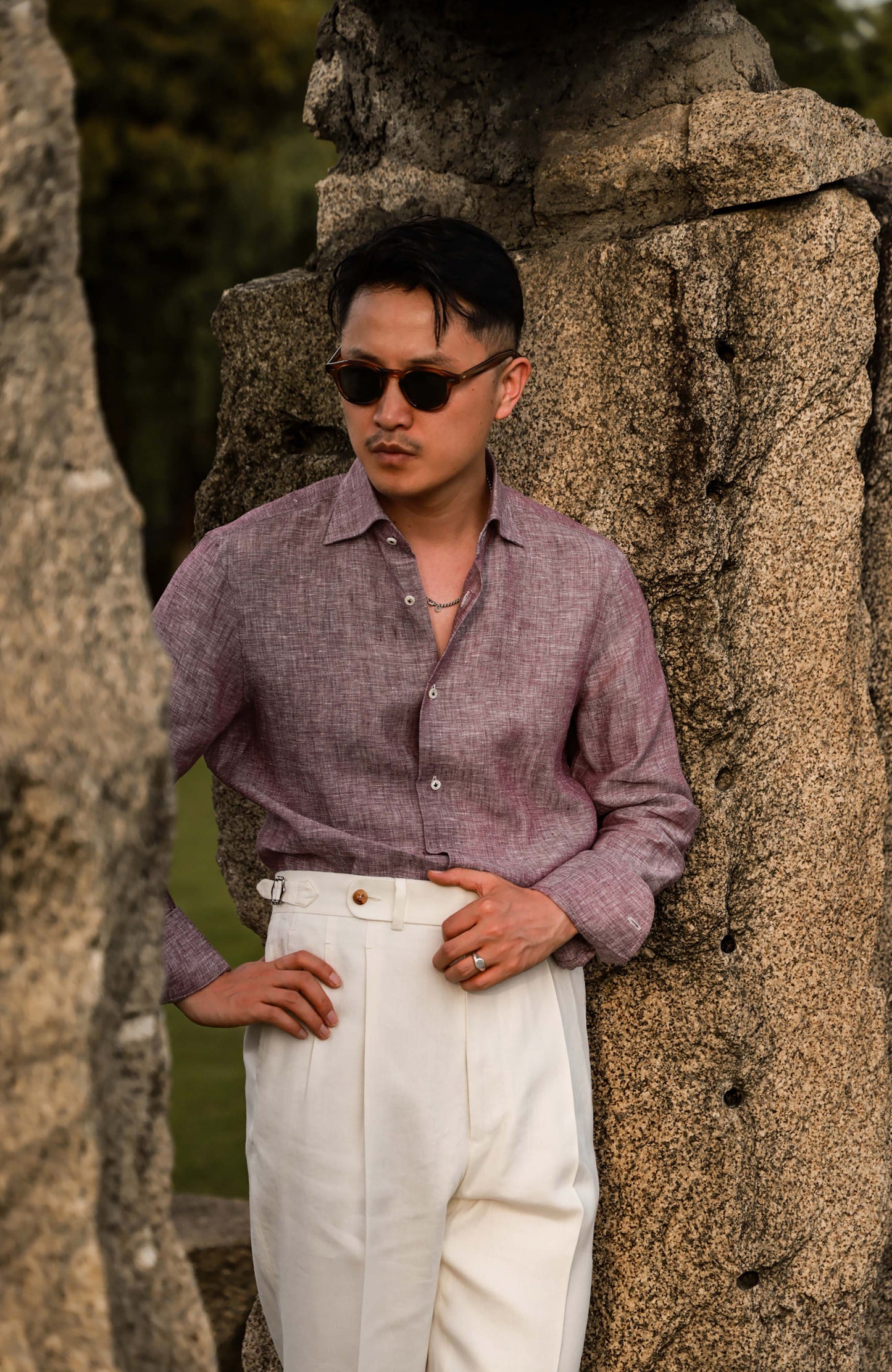 Linen Wide-Spread Collar Shirt — Violet Dusk
