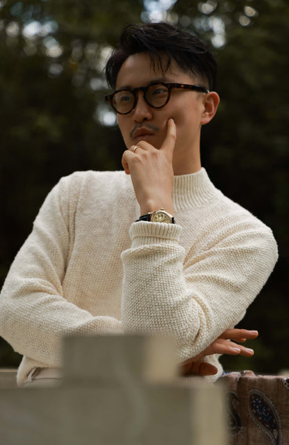 Textured Cotton Mock-Neck Knit Sweater — Heritage Ivory