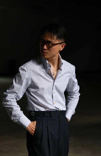 CANCLINI Cotton Handcrafted Long Point Collar Shirt — Dusty Blue Stripe