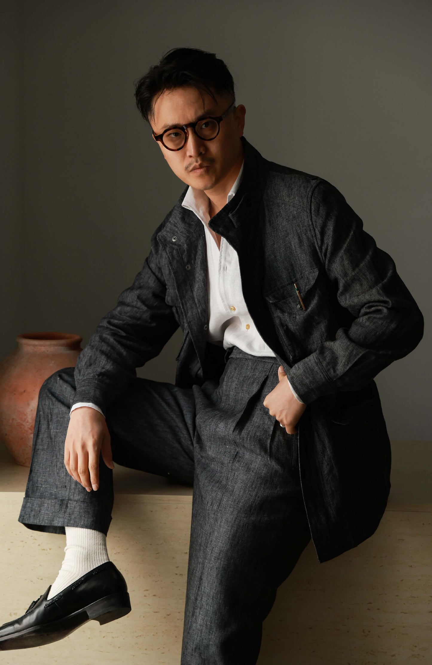 Heavyweight Linen Washed Safari Jacket — Wilderness Grey Denim