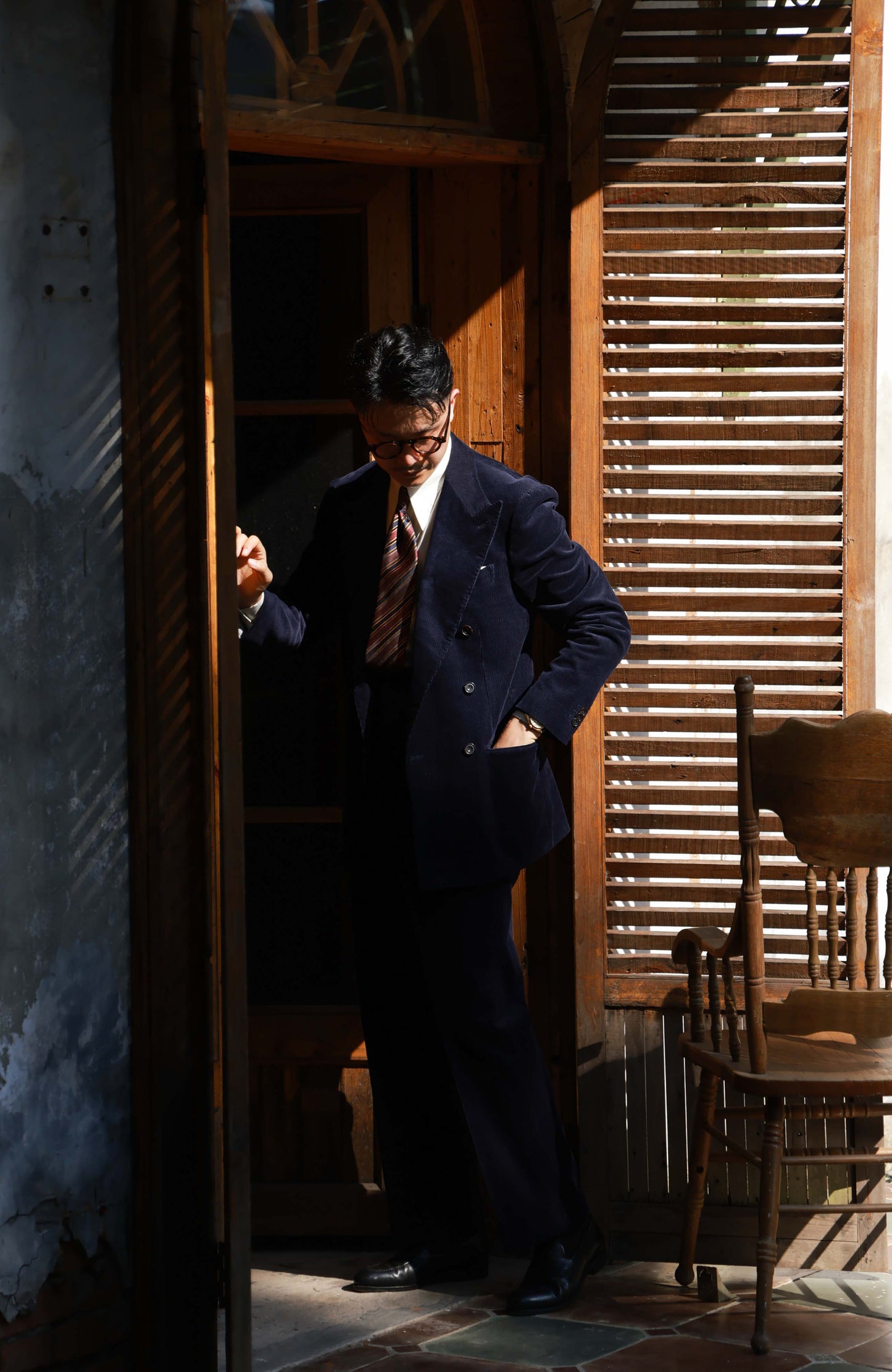 Half-Canvas Double-Breasted Japanese Corduroy Suit Jacket — Midnight Sheen Navy