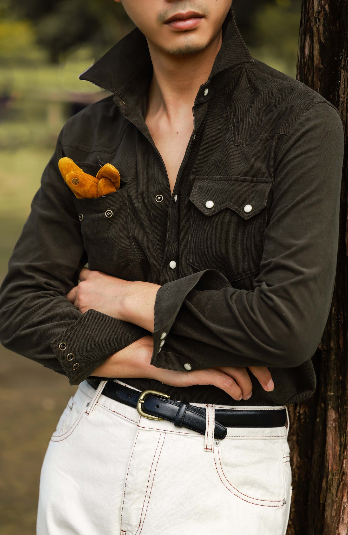 Western Collar Long-Sleeve Shirt(21-Wale Japanese Corduroy) — Pine Green