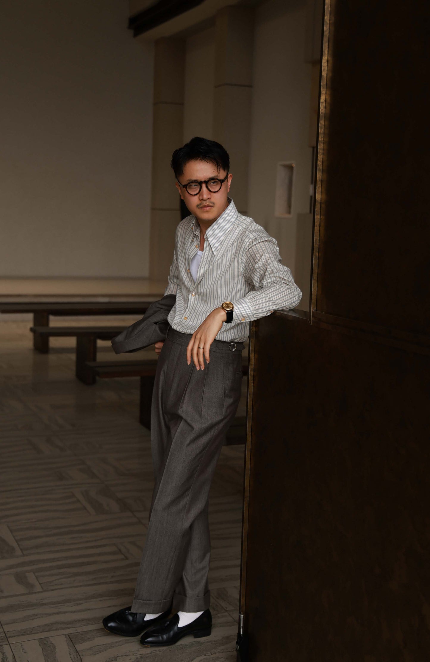 Japanese Silk-Cotton Handcrafted Long Point Collar Shirt — Golden Vein Stripe