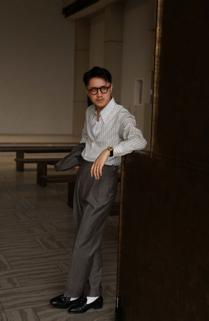 Japanese Silk-Cotton Handcrafted Long Point Collar Shirt — Golden Vein Stripe