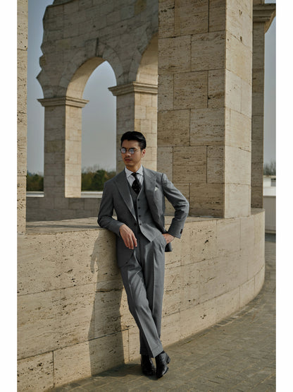「London Grey」Suit Trousers with Merino Wool Parisian Side Adjusters and High-Waisted Double-Pleated