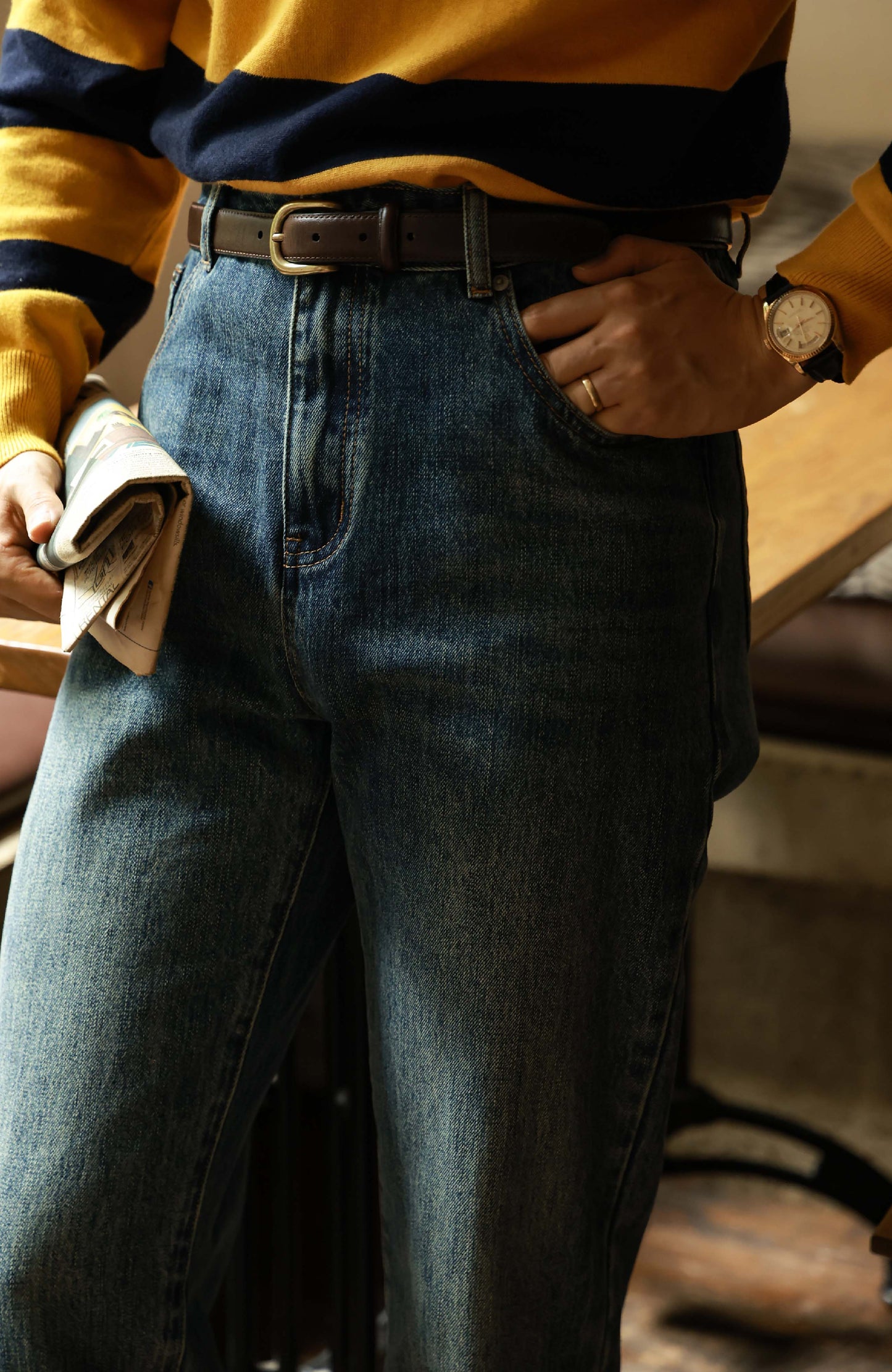 Mid-High Waisted Casual Trousers — Faded Denim Blue