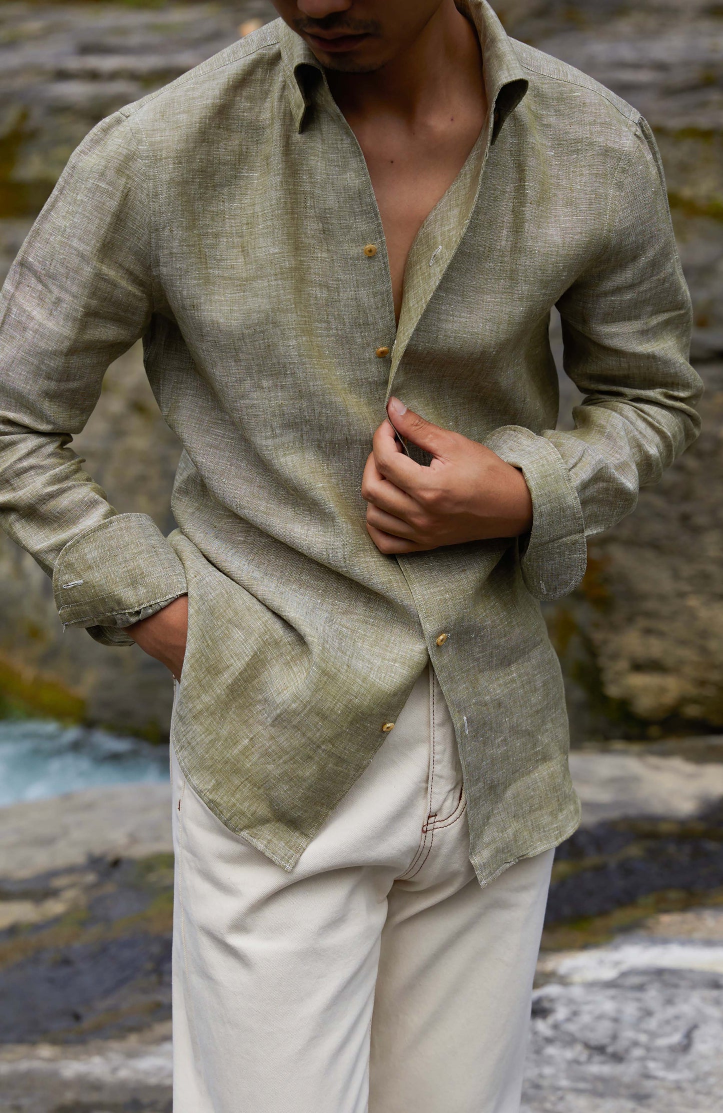 Linen One-Piece Collar Shirt — Moss Green
