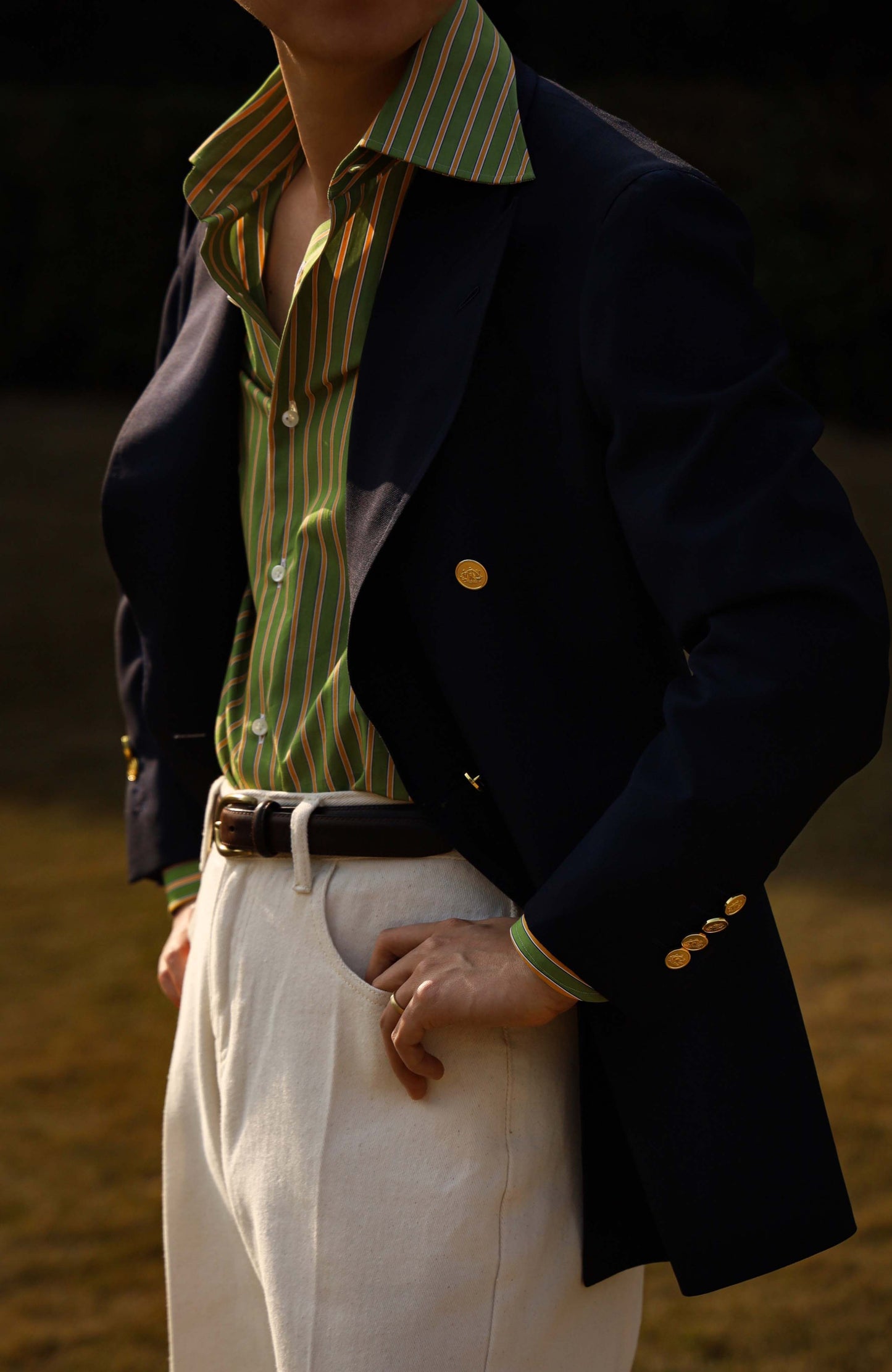 Handcrafted Spread Collar Shirt — Plum Green & Orange Stripes