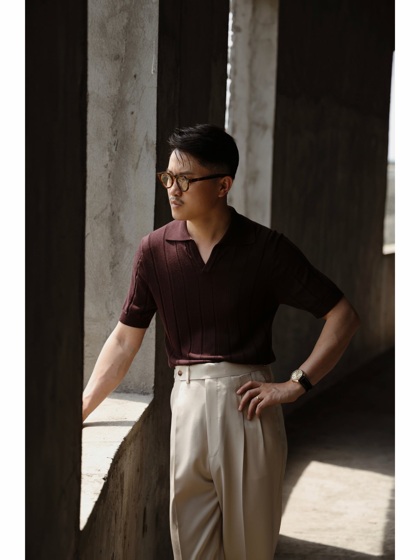 「Brownie」Mulberry silk-cashmere blend knitted Unisex Knit Short-Sleeve Polo Shirt