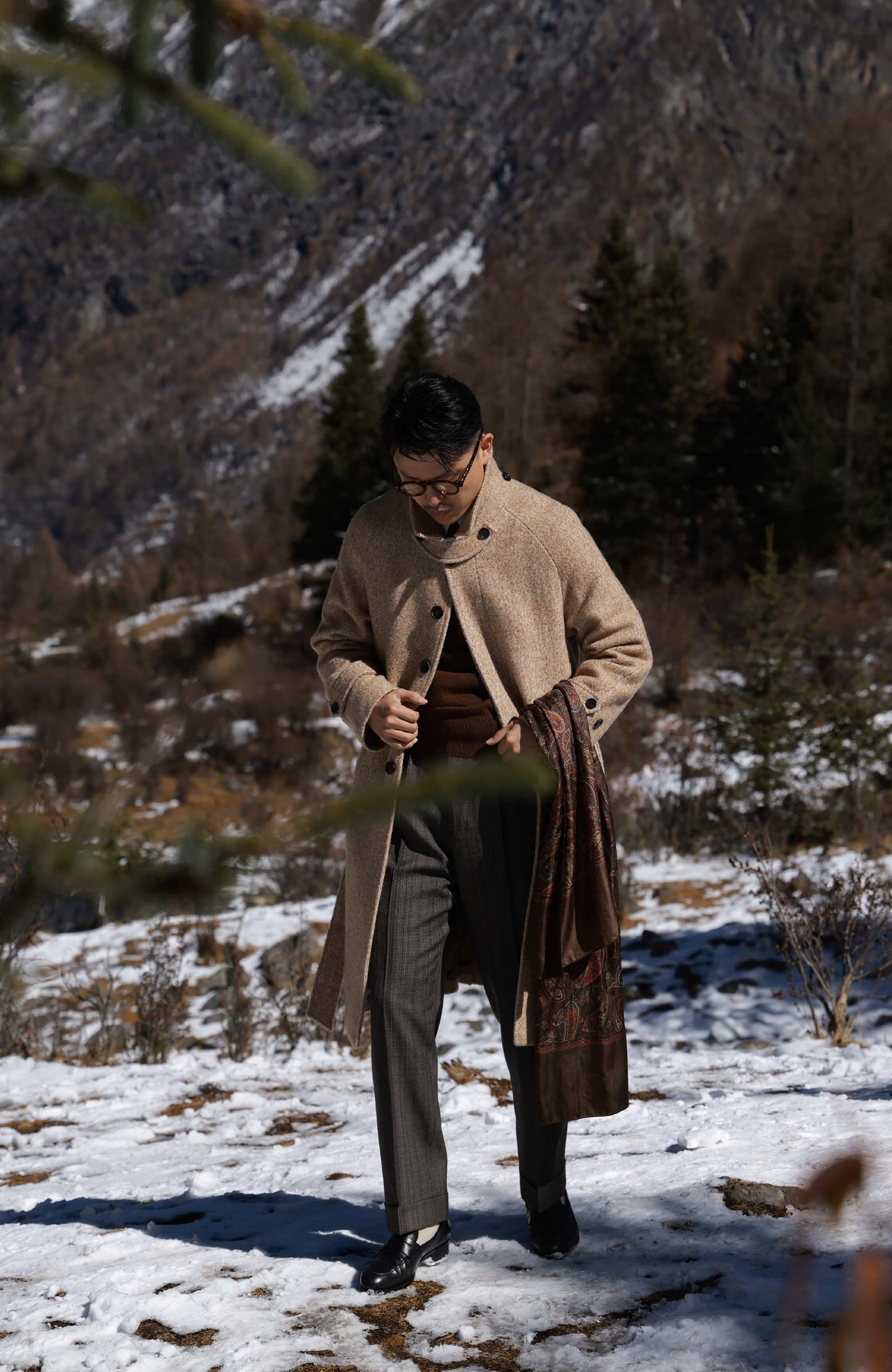 Textured Balmacaan Overcoat — Desert Herringbone