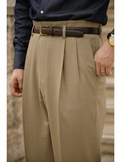 「Sand Trace」Suit Trousers with Merino Wool Hollywood-Waist and High-Waisted Double-Pleated