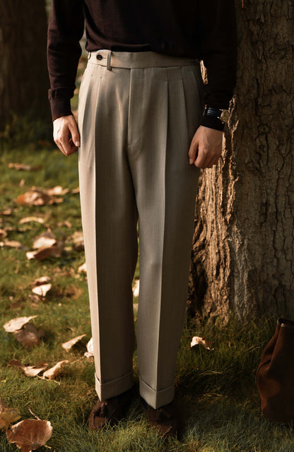 Heavyweight Cavalry Twill Wool High-Waisted Suit Trousers with Side-Adjusters — Cool Taupe