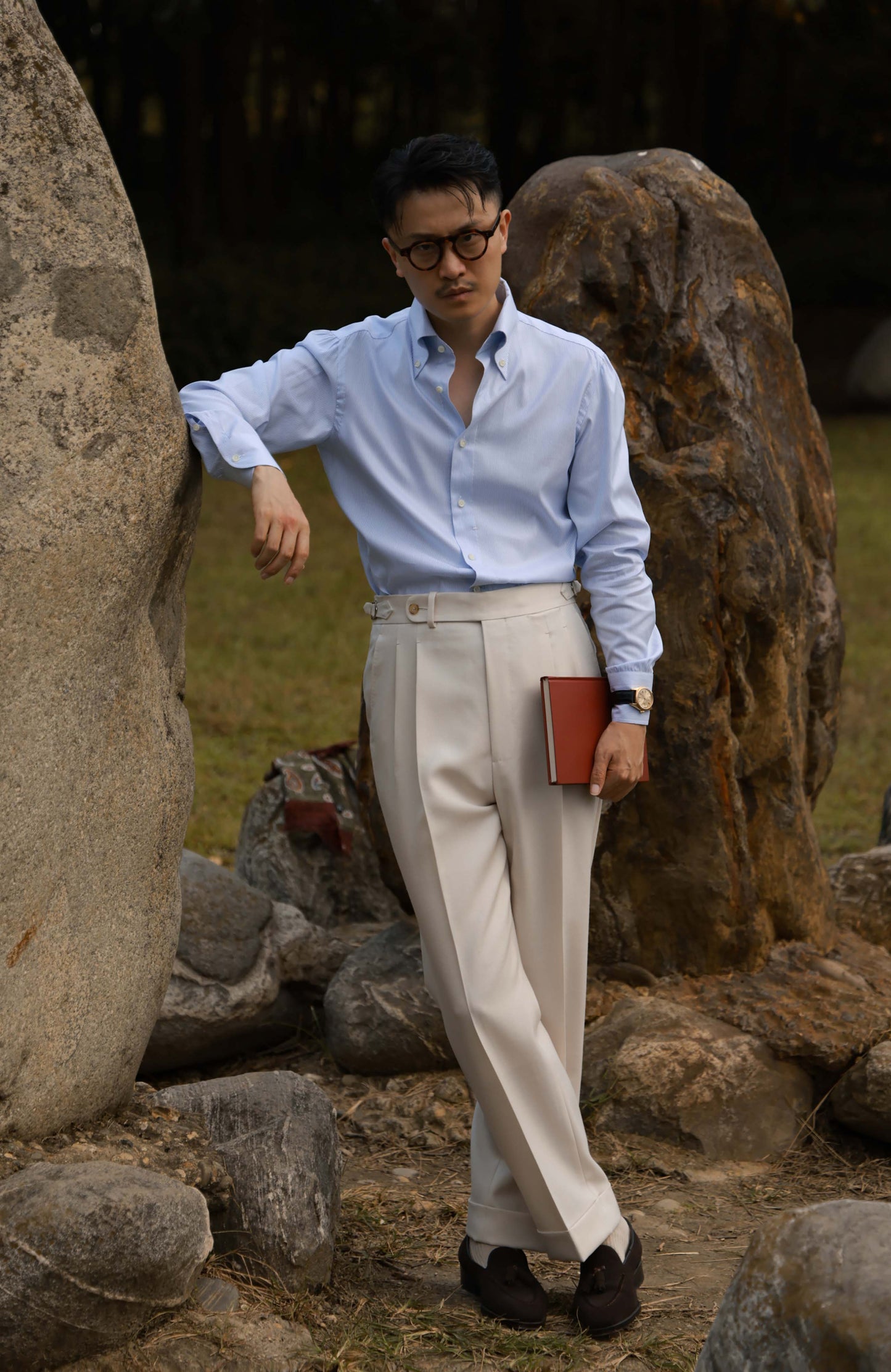 Handcrafted Button-down Collar Shirt in Mulberry Silk — Moonlit Blue Stripe