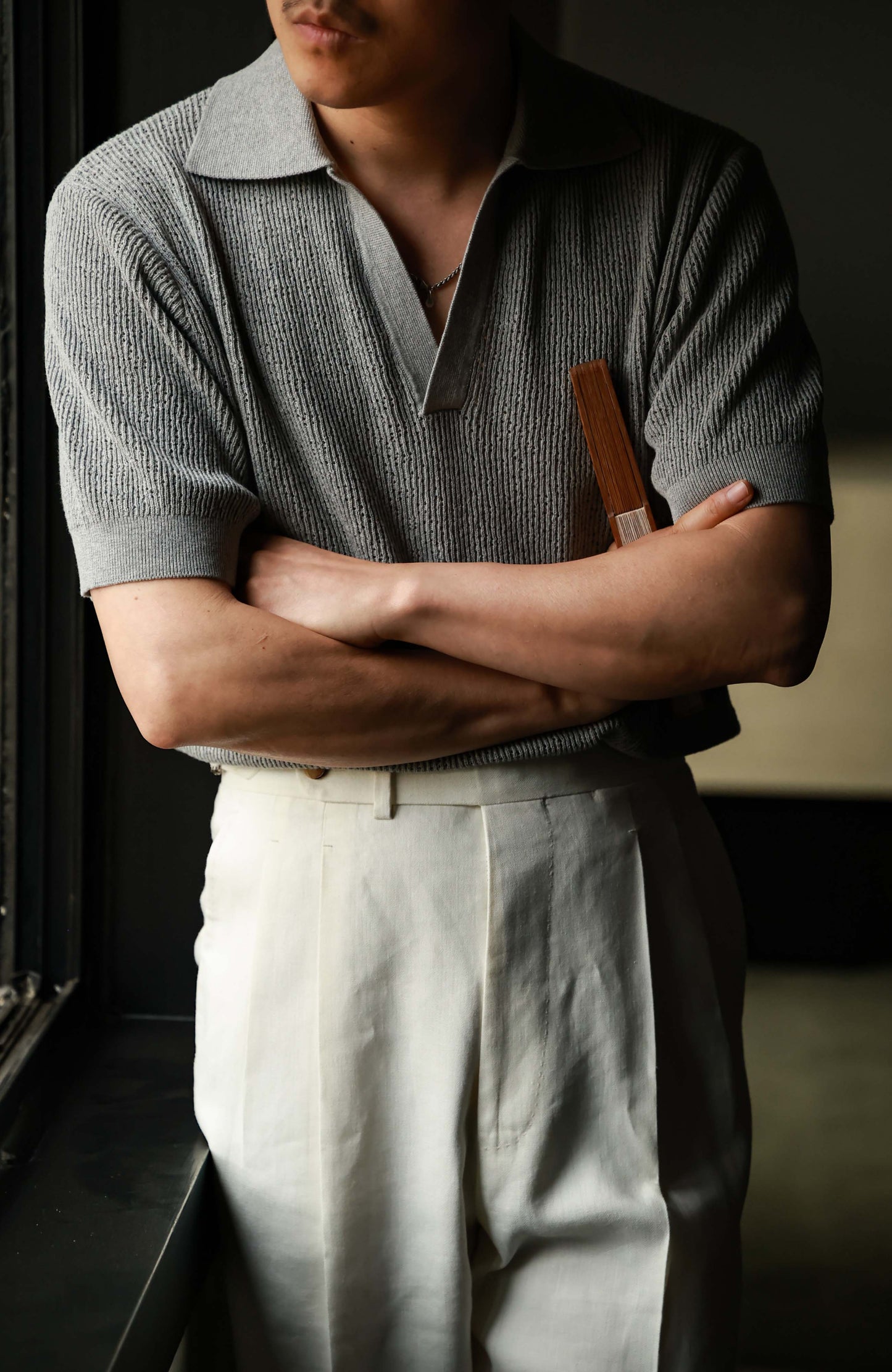 Twist Cotton Heavyweight Textured Knit Short-Sleeve Polo — Stone Grey