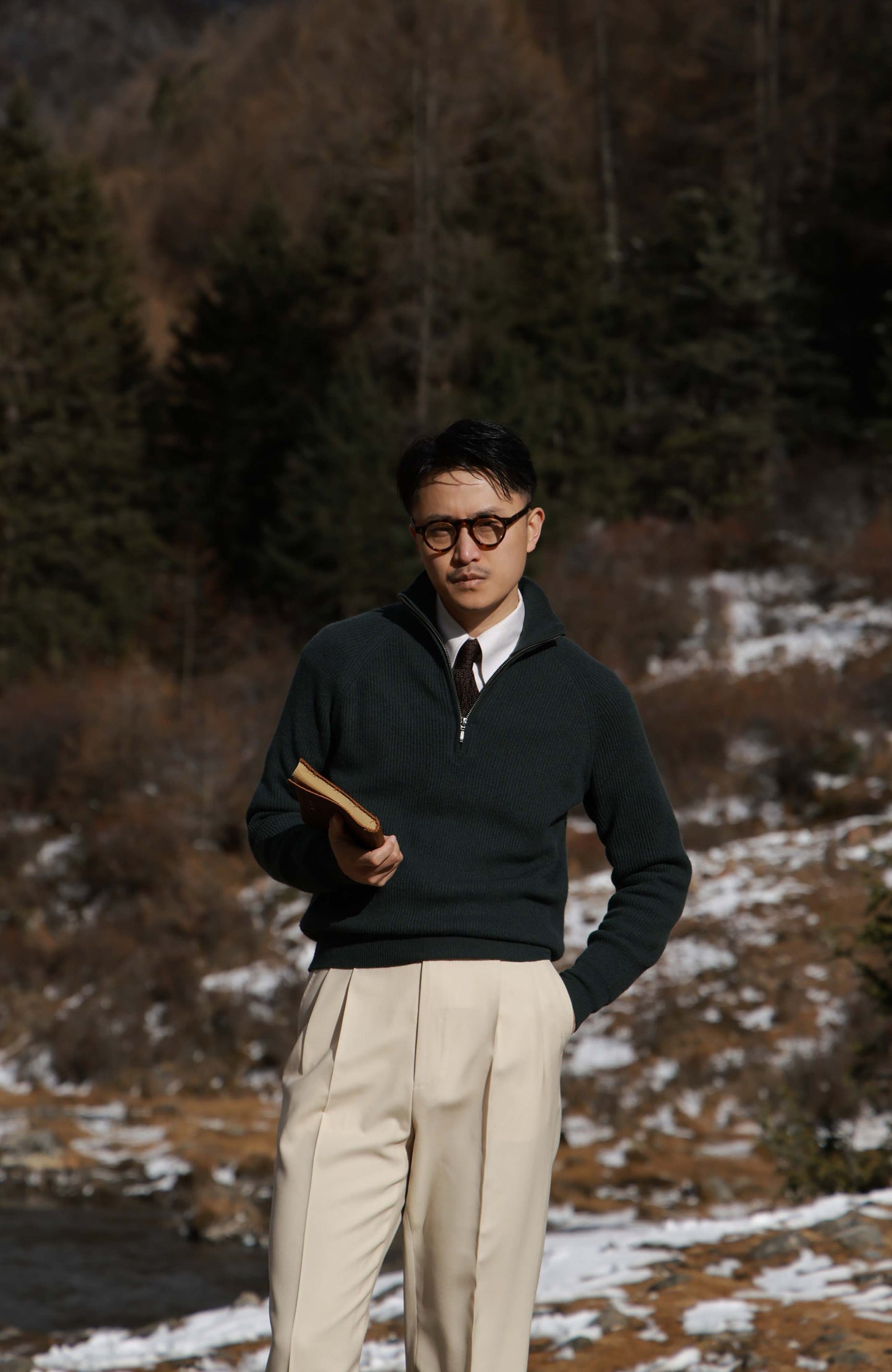 Half-Zip Wool-Cashmere Mock Neck Sweater — Forest Green