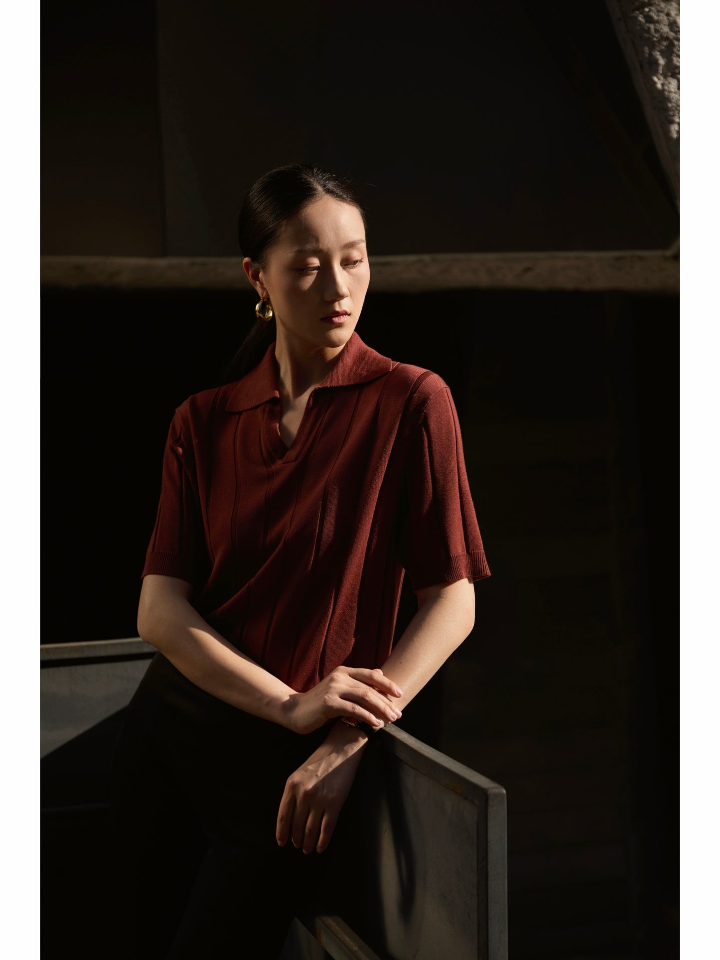 「Tramonto Caramello」Mulberry silk-cashmere blend Unisex Knit Short-Sleeve Polo Shirt