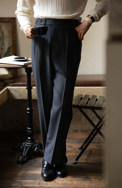 High-Waisted Flannel Suit Trousers with Parisian Side Adjusters — Mist Grey