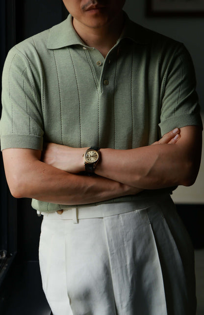 Lyocell-Cotton Linen Blend Ribbed Knit Polo Shirt — Matcha Green