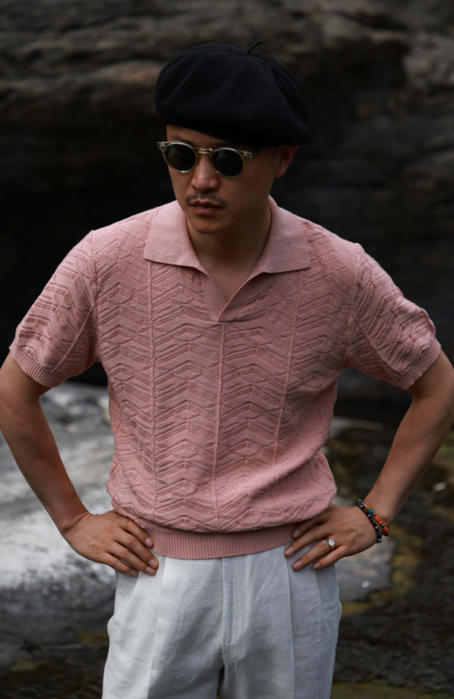Pine-Texture High-Twist Cotton Short-Sleeve Polo — Coral Rock