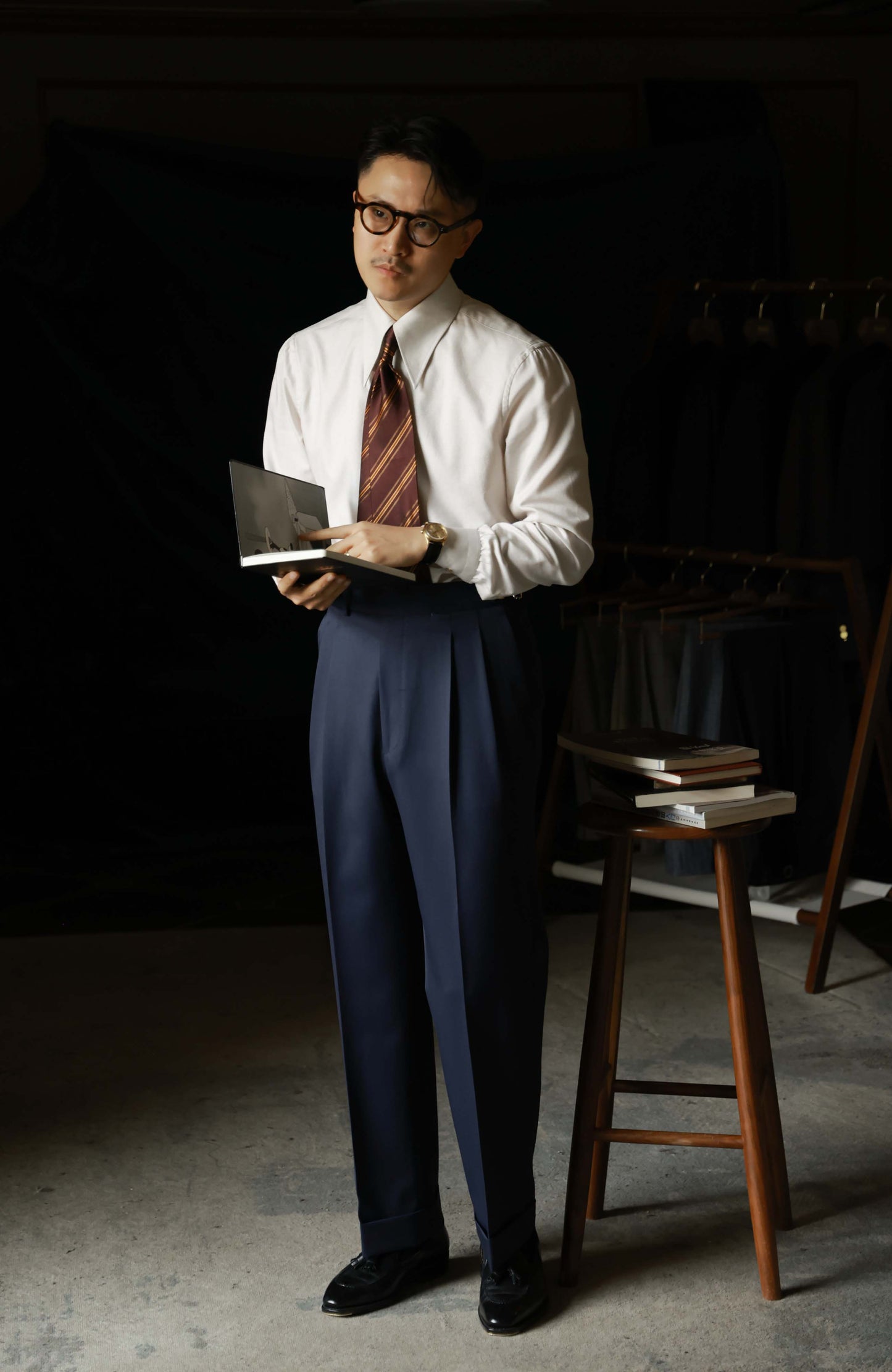 Superfine Twill Wool High-Waisted Suit Trousers with Parisian Side Adjusters — Prussian Blue