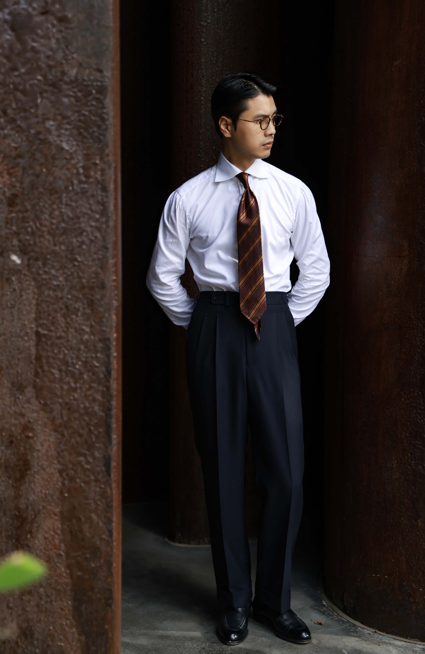 High-Waisted Suit Trousers with Parisian Side Adjusters — Navy Herringbone