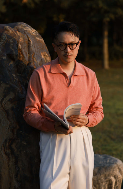 Cashmere Cotton One-Piece Polo Sweater — Coral Pink