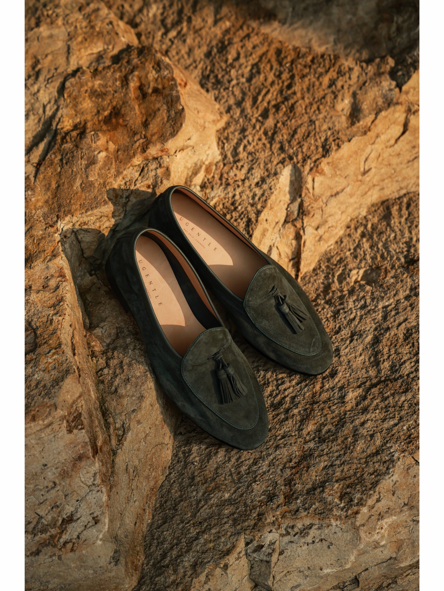 「Fir Needle Green」Belgian Suede Loafers with Calfskin Sole Blake Stitched & Italian Lambswool Lined