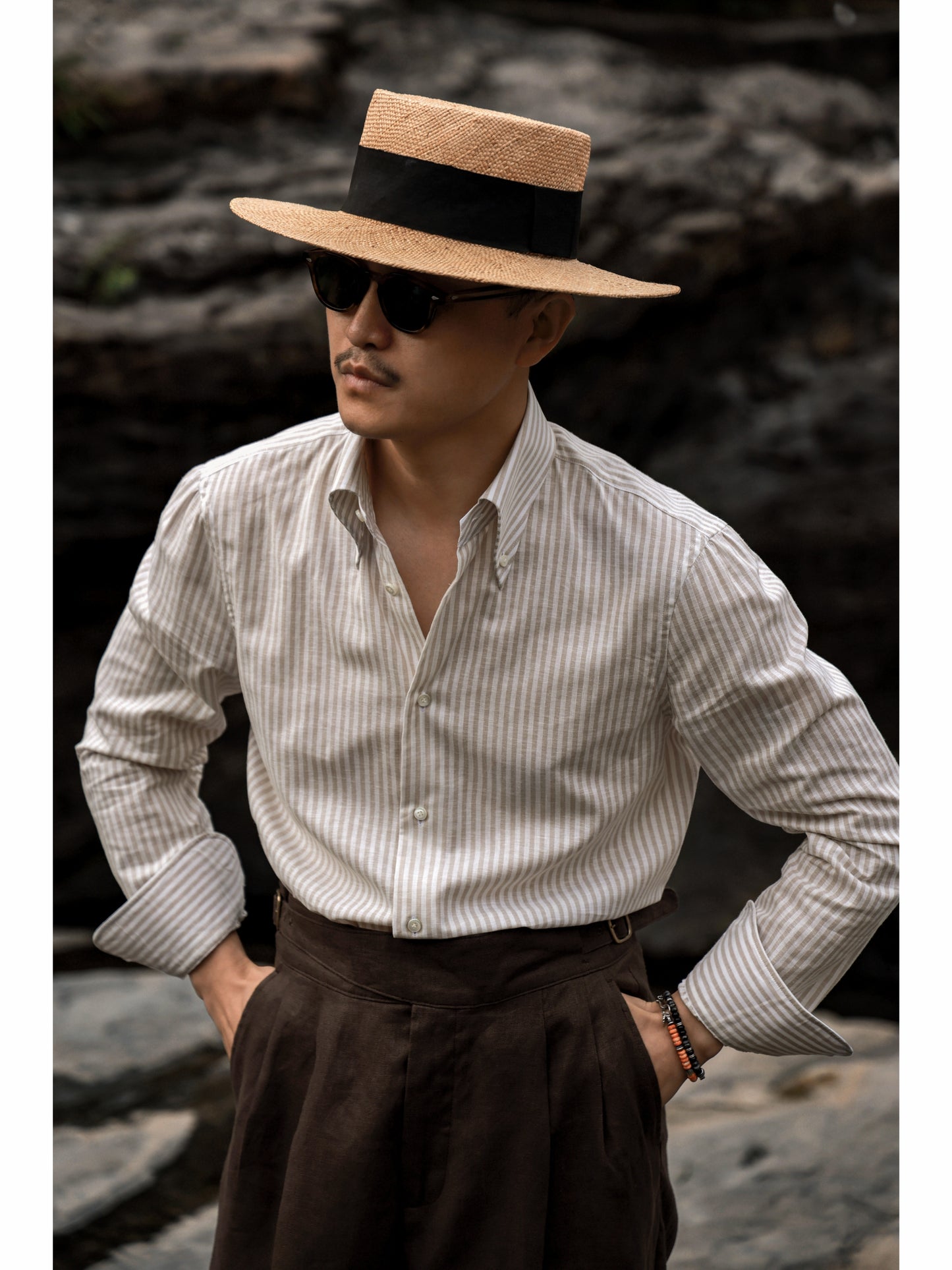 「Oakwood Stripe」Italian-style Button-down Collar Linen-Cotton Casual Gentleman's Long-Sleeve Shirt