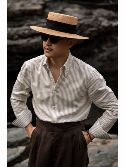 「Oakwood Stripe」Italian-style Button-down Collar Linen-Cotton Casual Gentleman's Long-Sleeve Shirt