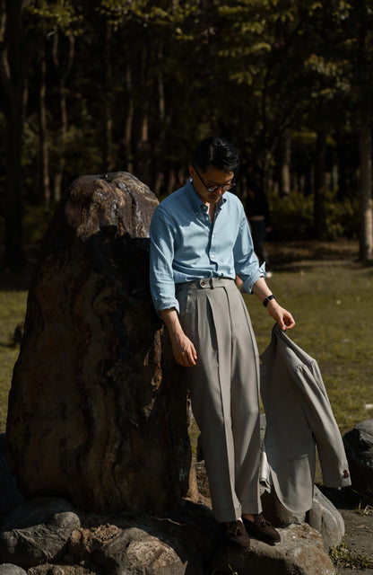 High-Waisted Suit Trousers with Side Adjusters — Washed Pine Ash Green