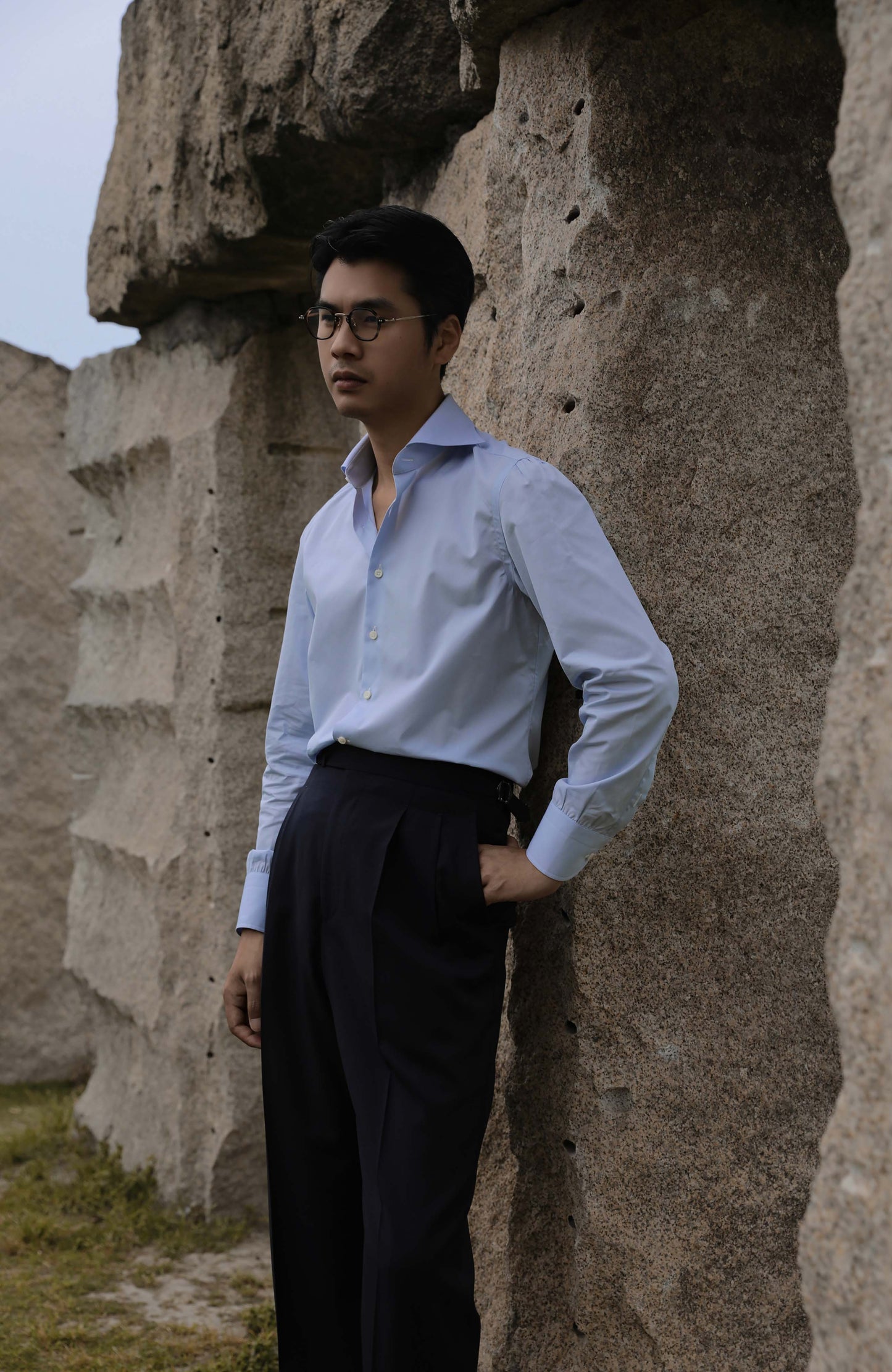 CANCLINI Cotton Handcrafted Spread Collar Shirt — Dawn Mist Blue