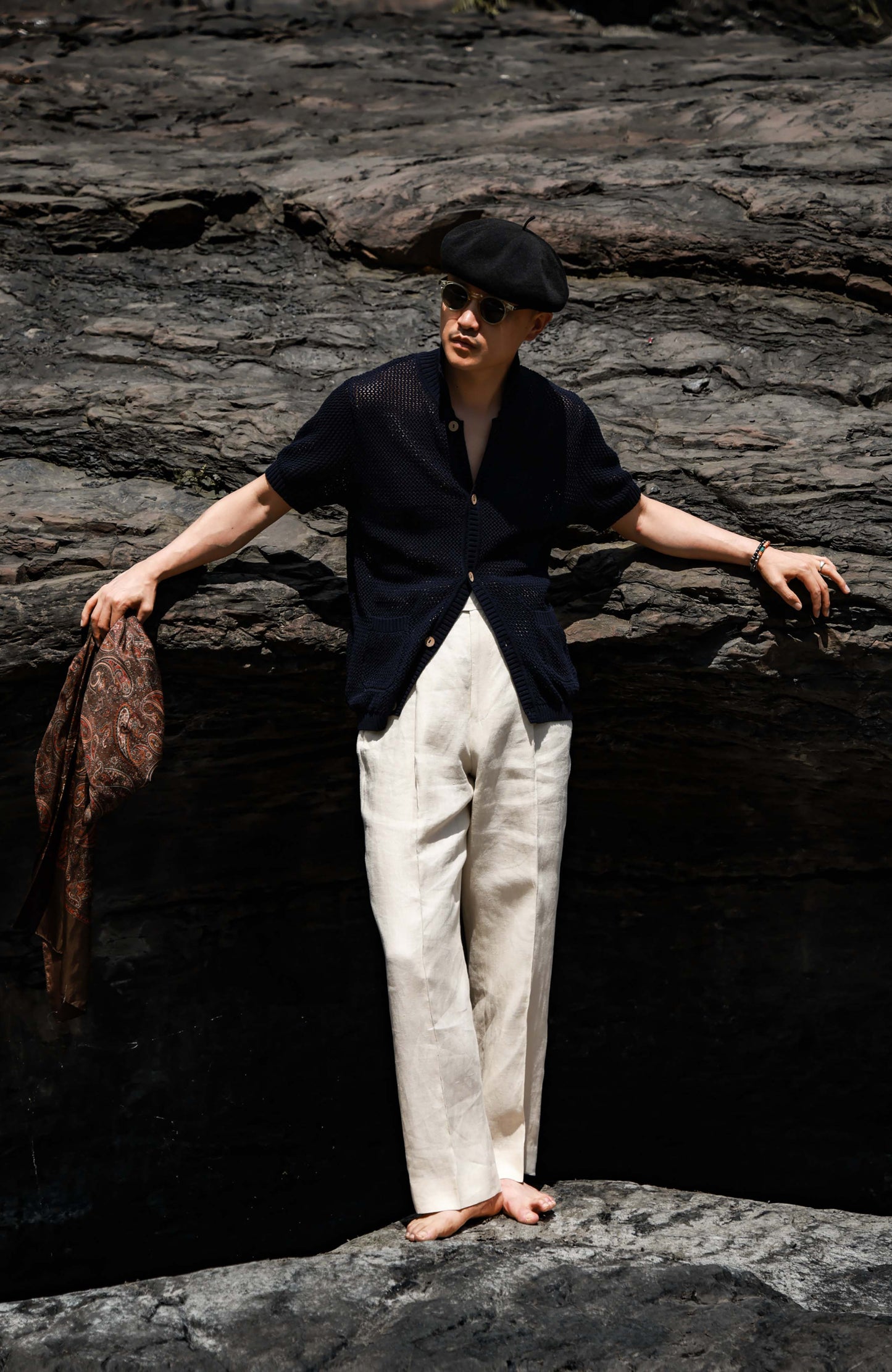 Openwork Hard-Twist Cotton Short-Sleeve Cardigan — Mossy Shadow