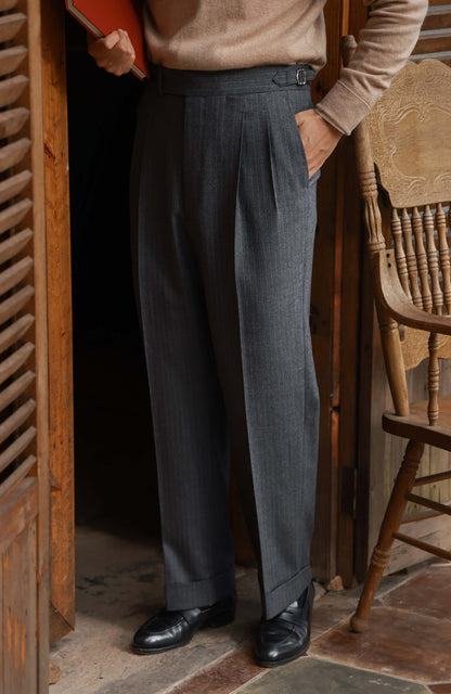 High-Waisted Flannel Suit Trousers with Parisian Side Adjusters — Lunar Gary Pin Stripe