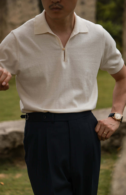 Cashmere Cotton 16-Gauge Knit Polo — Misty White/ Misty Navy