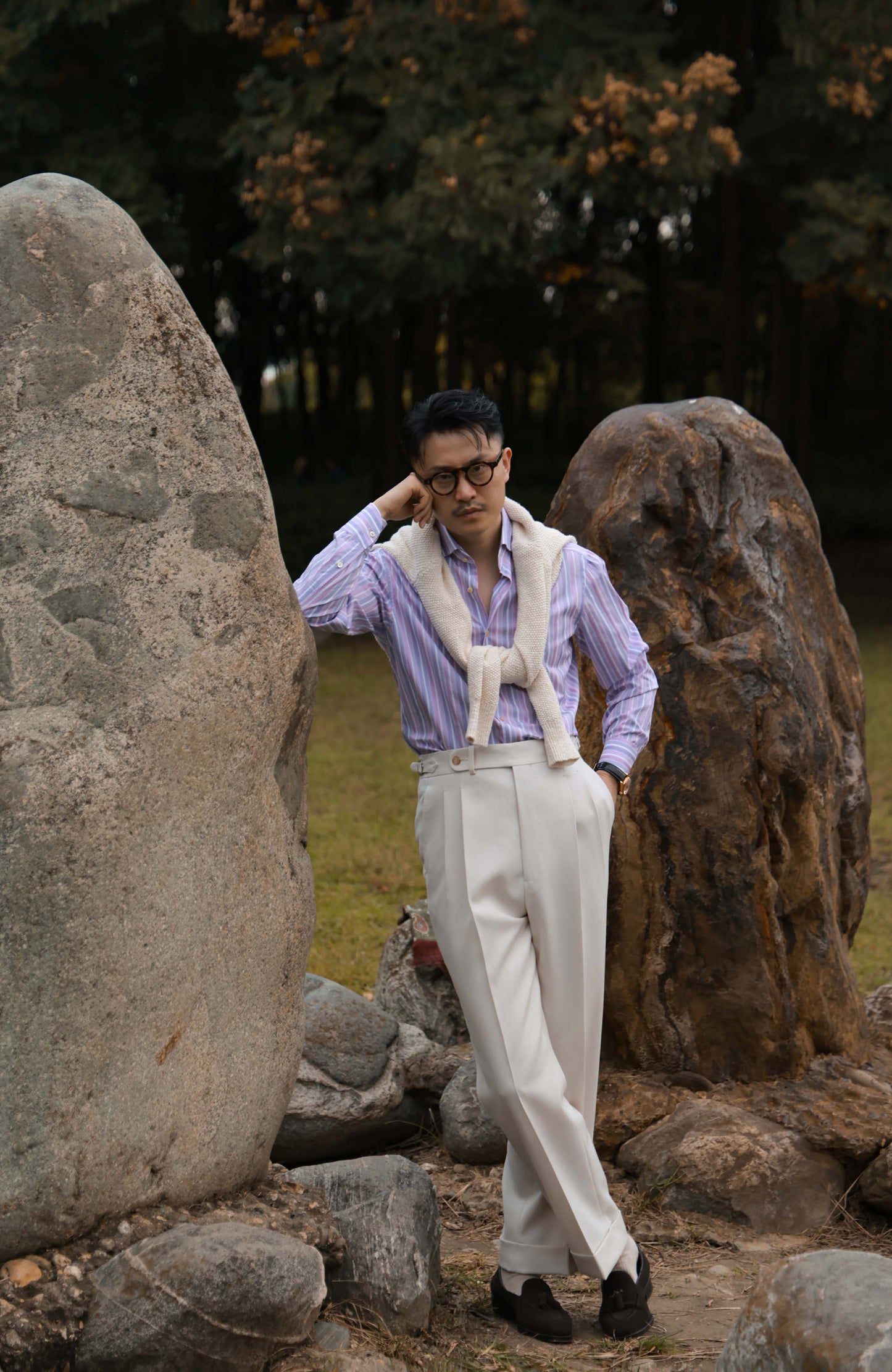 SÖKTAS Handcrafted Cutaway Collar Shirt — Provence lavender Stripe