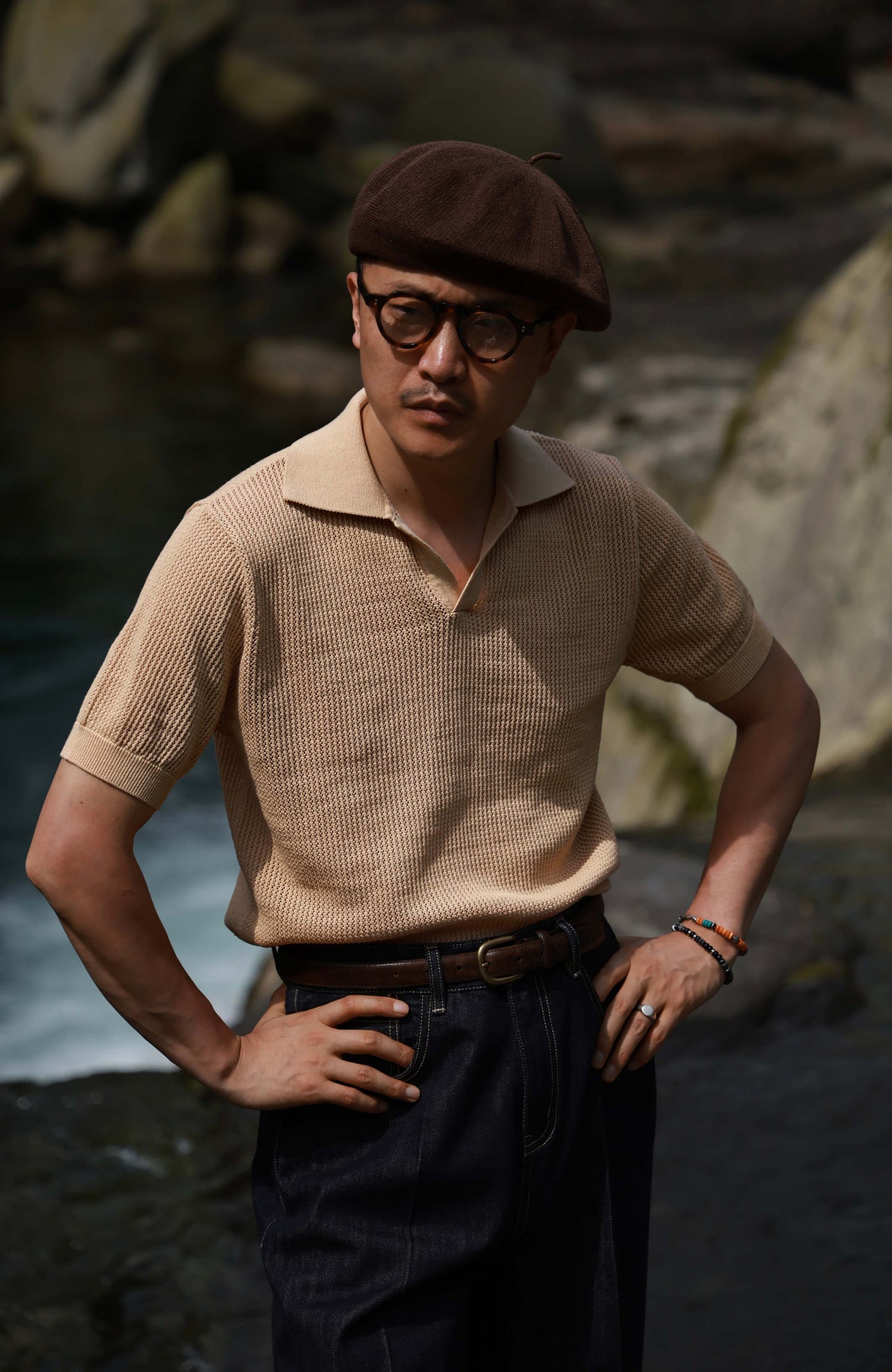 High-Twist Cotton Relaxed Short-Sleeve Polo — Sandstone Apricot