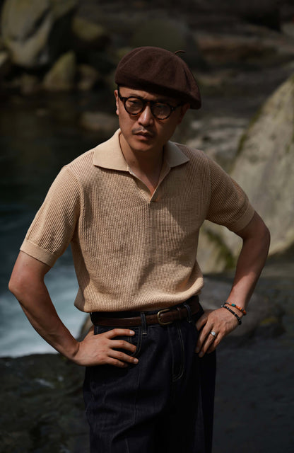 High-Twist Cotton Relaxed Short-Sleeve Polo — Sandstone Apricot