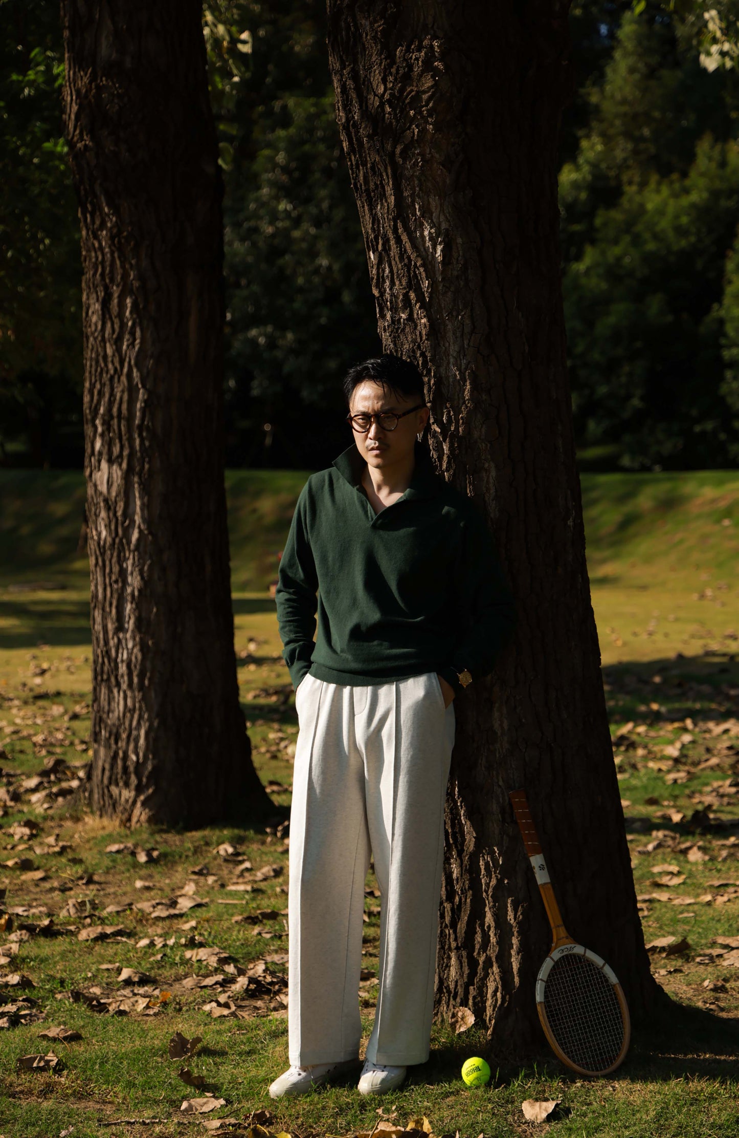 Cashmere Cotton One-Piece Polo Sweater — Jungle Green