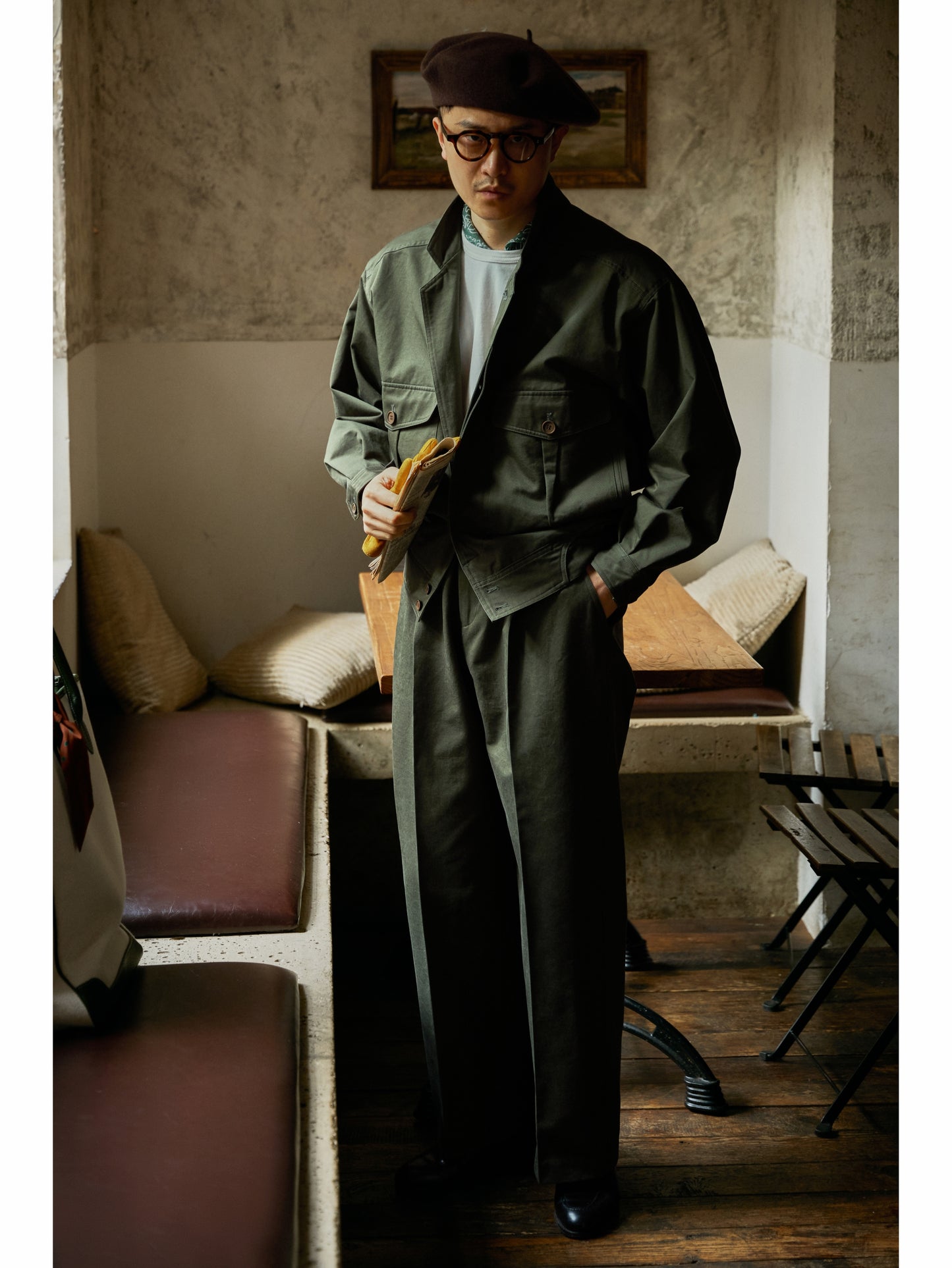 「Mist Forest」Vintage High-density-Cotton High-Waisted Wide-Leg Pant