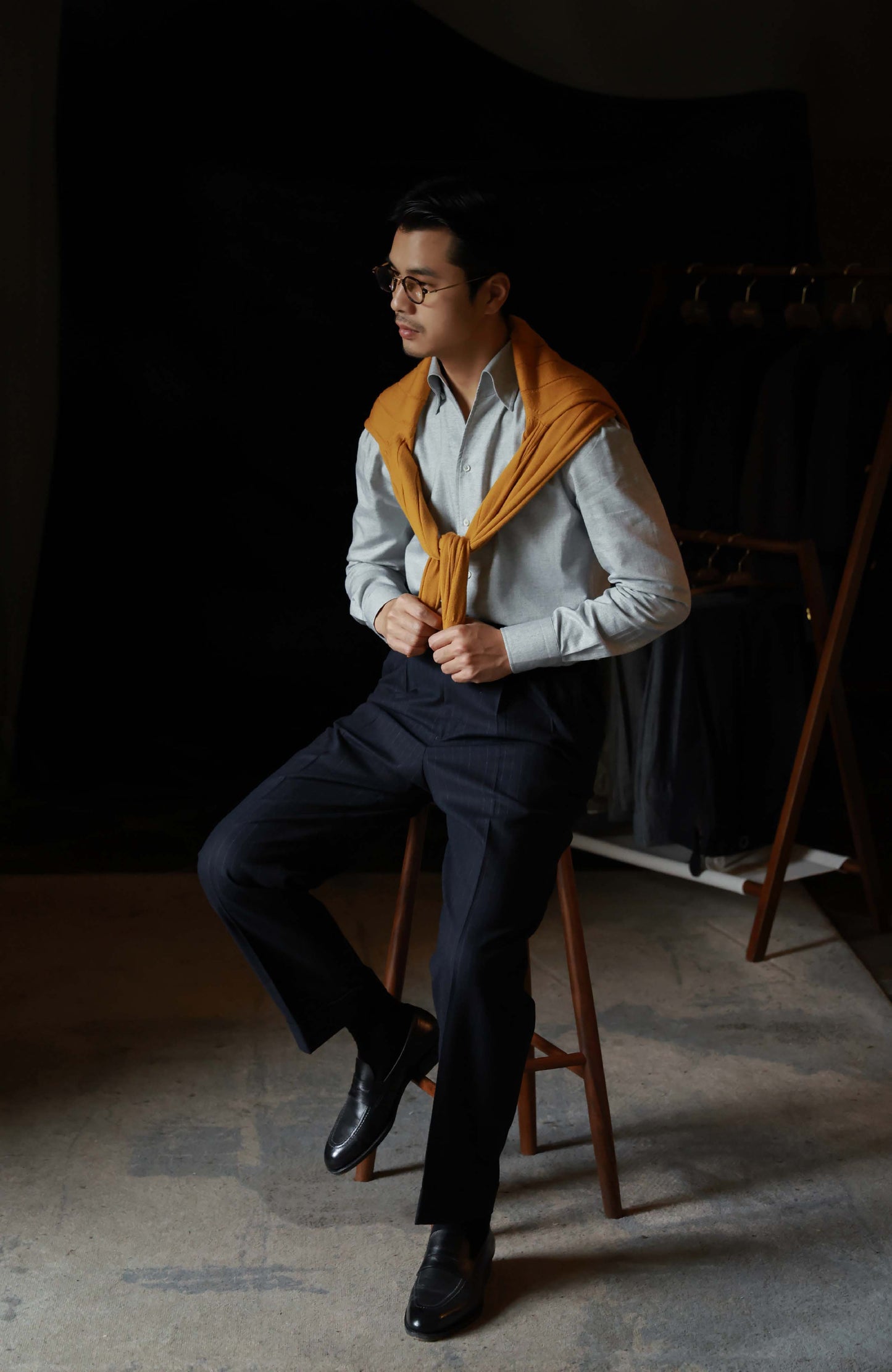 Brushed Cotton One-Piece Collar Shirt — Meteorite Grey Barleycorn