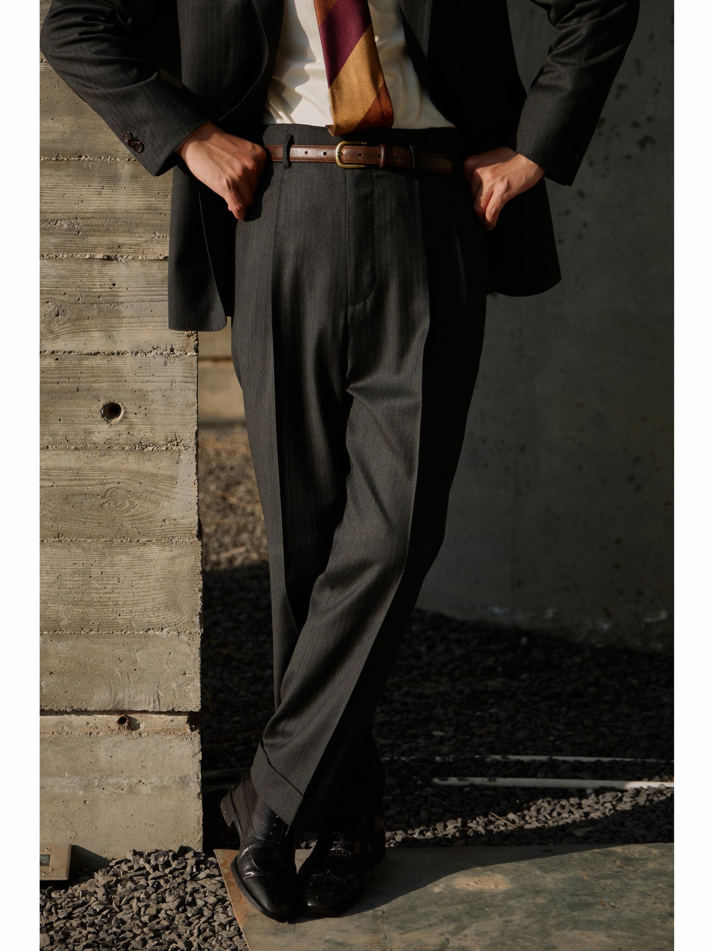 「Ink Herringbone」Suit Trousers with Italian-style Pure-wool Hollywood-Waist