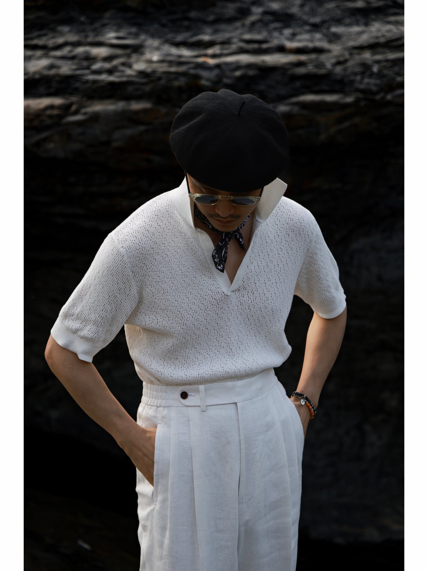 Crochet Open Collar Cotton Knitted Polo Off White