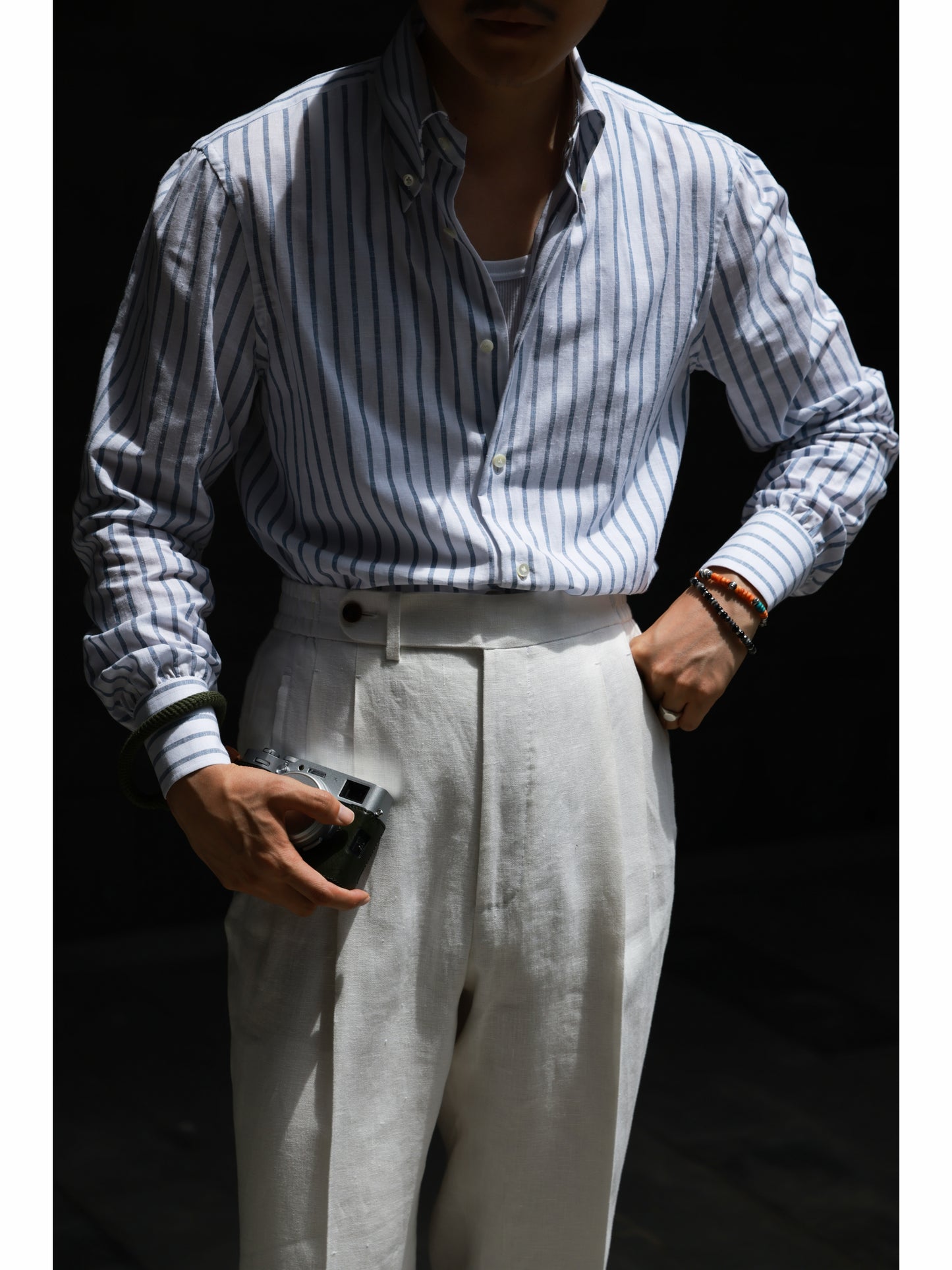 Button down Collar Linen-Cotton — Light Grey Stripe