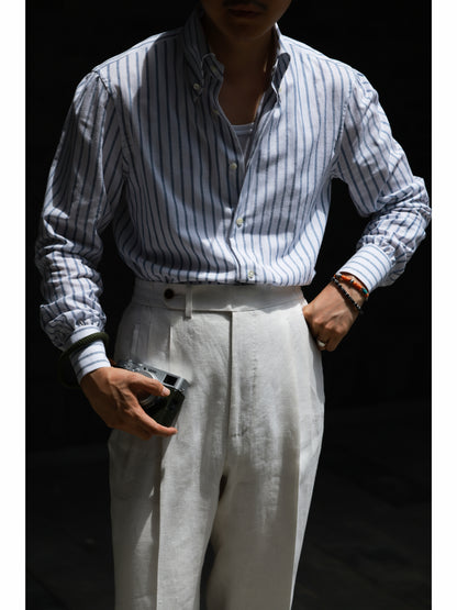 Button down Collar Linen-Cotton — Light Grey Stripe