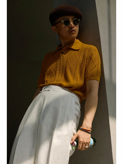 Linen/Cotton Knitted Polo Beige Amber Gold