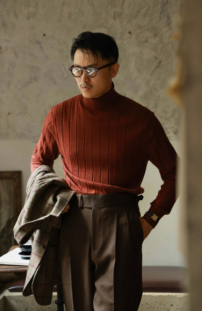 Merino Wool Ribbed Turtle Neck Sweater — Maple Red