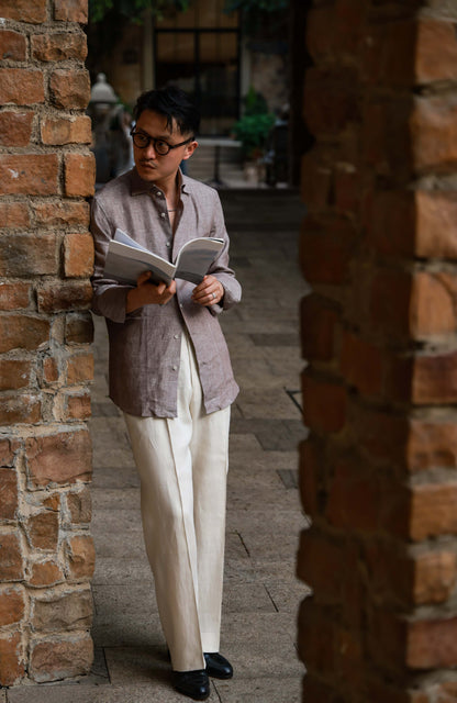 Heavyweight Linen Permanent-Crease Hidden-Drawstring Trousers — Sand Mist White