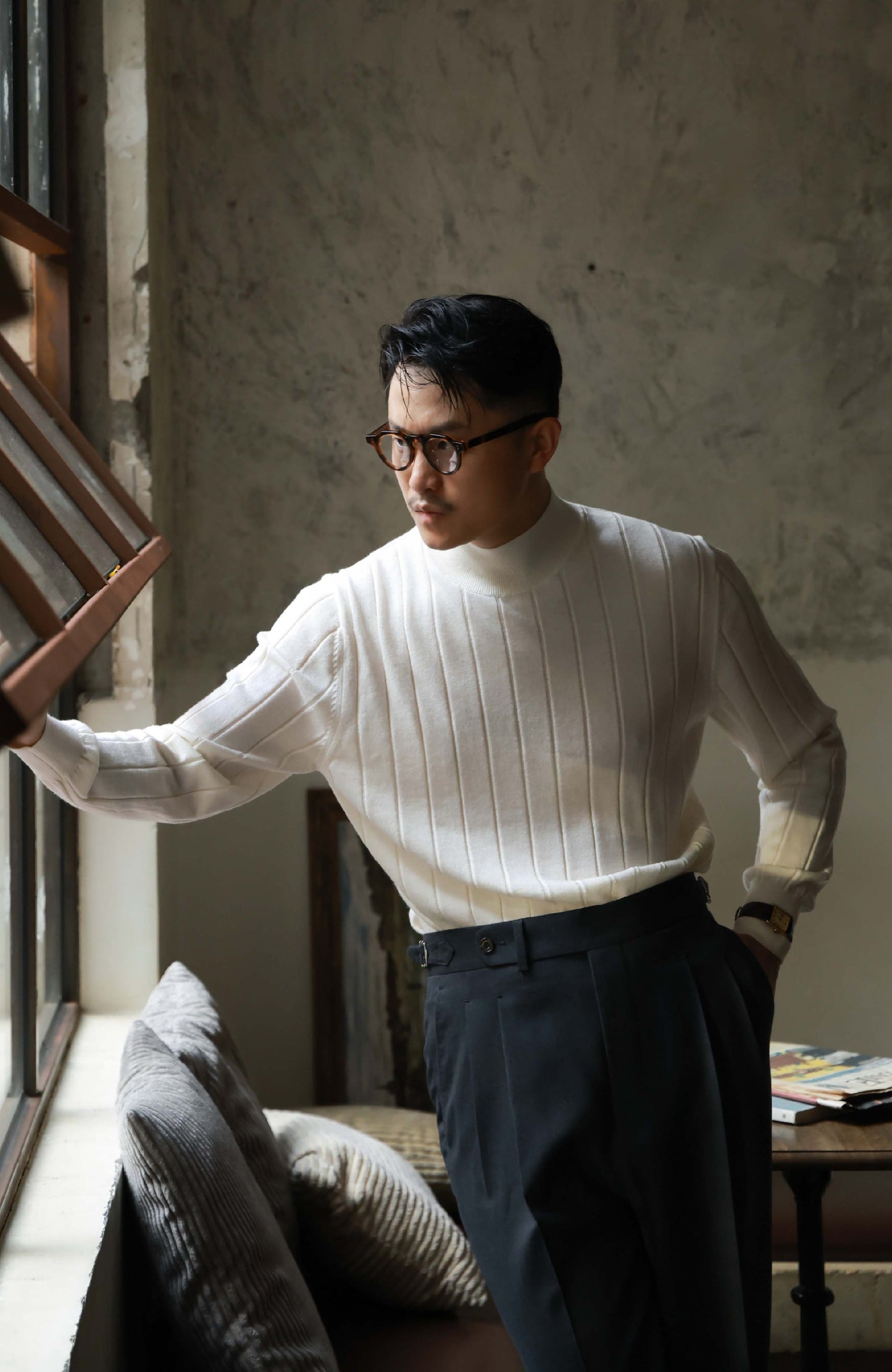 100% Merino Wool Ribbed Mock Neck Sweater — Frosted White