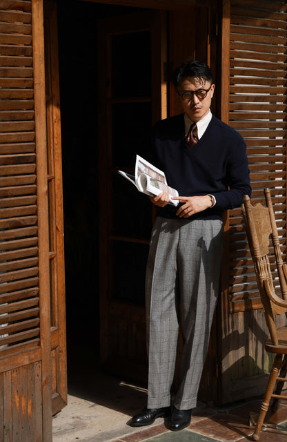 High-Waisted Wool-Cashmere V-Neck Sweater — Midnight Navy